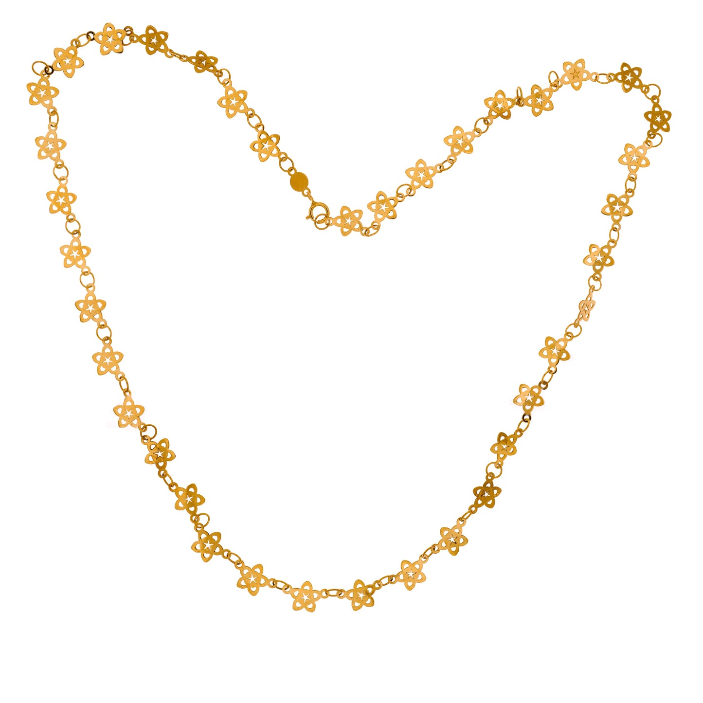 Questo girocollo in oro è un intreccio raffinato di piccoli fiori traforati, uniti tra loro per formare una catena leggera e delicata. Il metallo, dal colore caldo e brillante, riflette la luce con eleganza. Il tocco è liscio e sottile, ma la lavorazione artigianale aggiunge una sensazione di autenticità e unicità. Il girocollo è realizzato con taglio laser e rifinito a mano, unendo tradizione e innovazione nel nostro laboratorio orafo a Livorno.