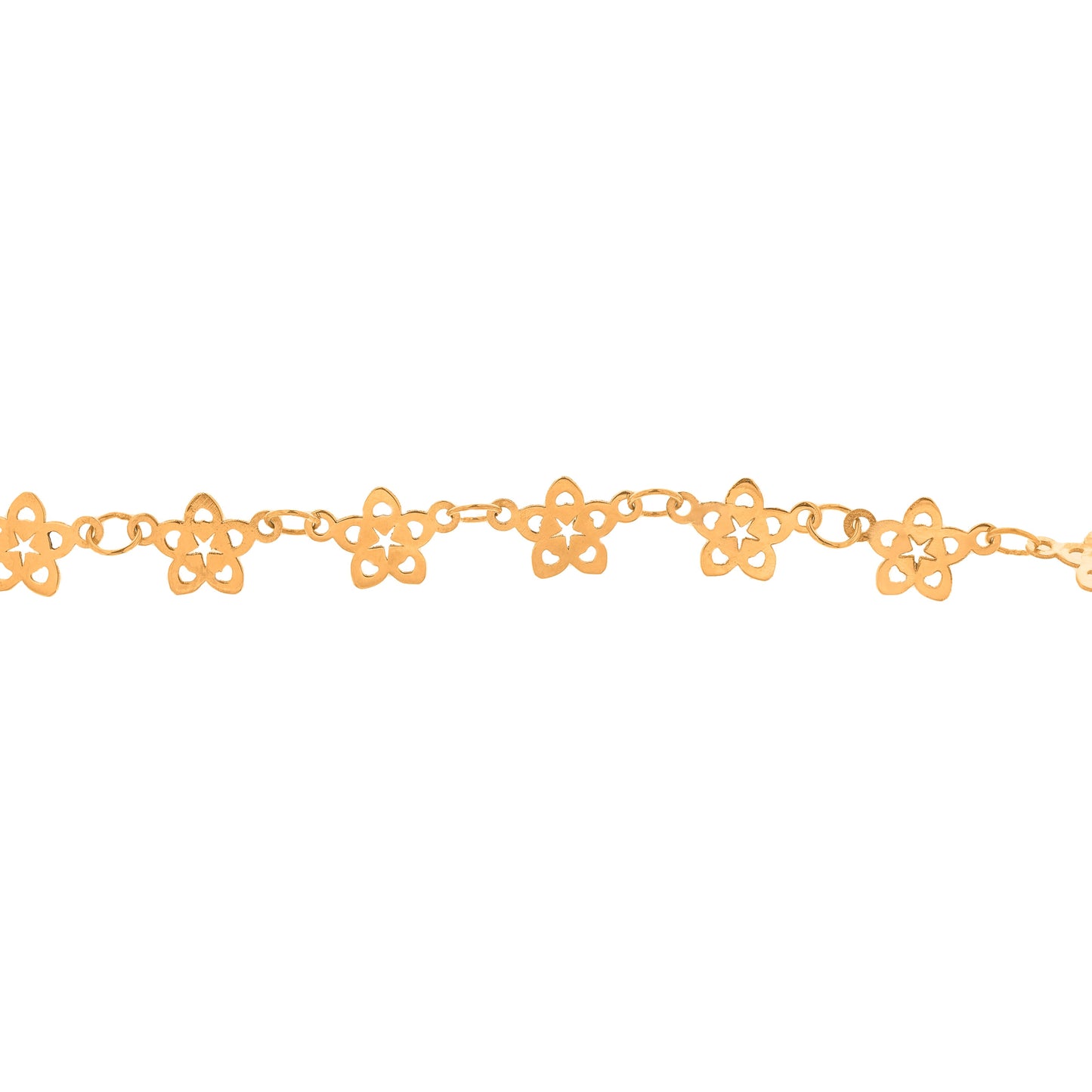 Questo girocollo in oro è un intreccio raffinato di piccoli fiori traforati, uniti tra loro per formare una catena leggera e delicata. Il metallo, dal colore caldo e brillante, riflette la luce con eleganza. Il tocco è liscio e sottile, ma la lavorazione artigianale aggiunge una sensazione di autenticità e unicità. Il girocollo è realizzato con taglio laser e rifinito a mano, unendo tradizione e innovazione nel nostro laboratorio orafo a Livorno.