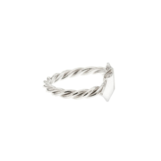 Anello artigianale realizzato nel nostro laboratorio orafo in argento 925‰, indossato su una mano. Il design presenta testine lisce personalizzabili con un'incisione, visibili lateralmente. La vista di profilo mostra la forma elegante e i dettagli del lavoro artigianale, con una finitura lucida che risalta sulla pelle. Il contrasto tra l'argento brillante e il design semplice lo rende un pezzo unico, perfetto per ogni occasione.