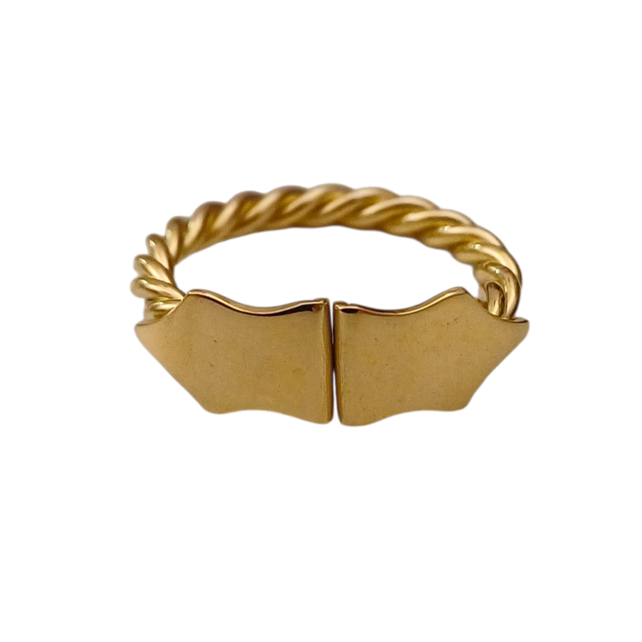 Anello Cordone Livornese in oro giallo 750 su fondo bianco, vista frontale delle due testine contrapposte