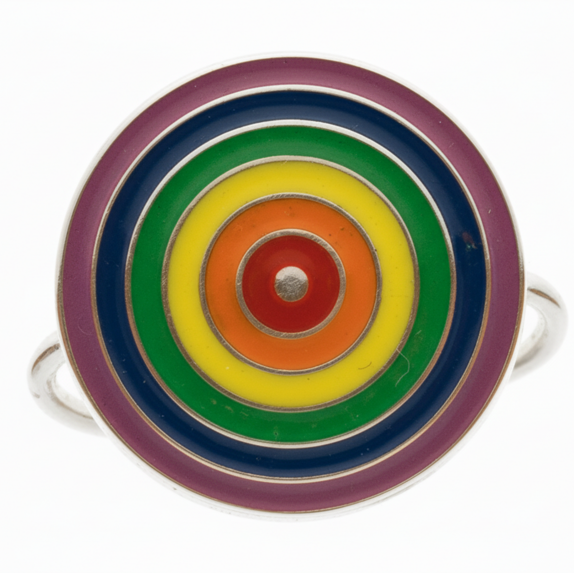 Anello in argento 925 con lastra circolare raffigurante i colori dell’arcobaleno. Linea LGBT. Un gioiello artigianale che celebra libertà e amore.