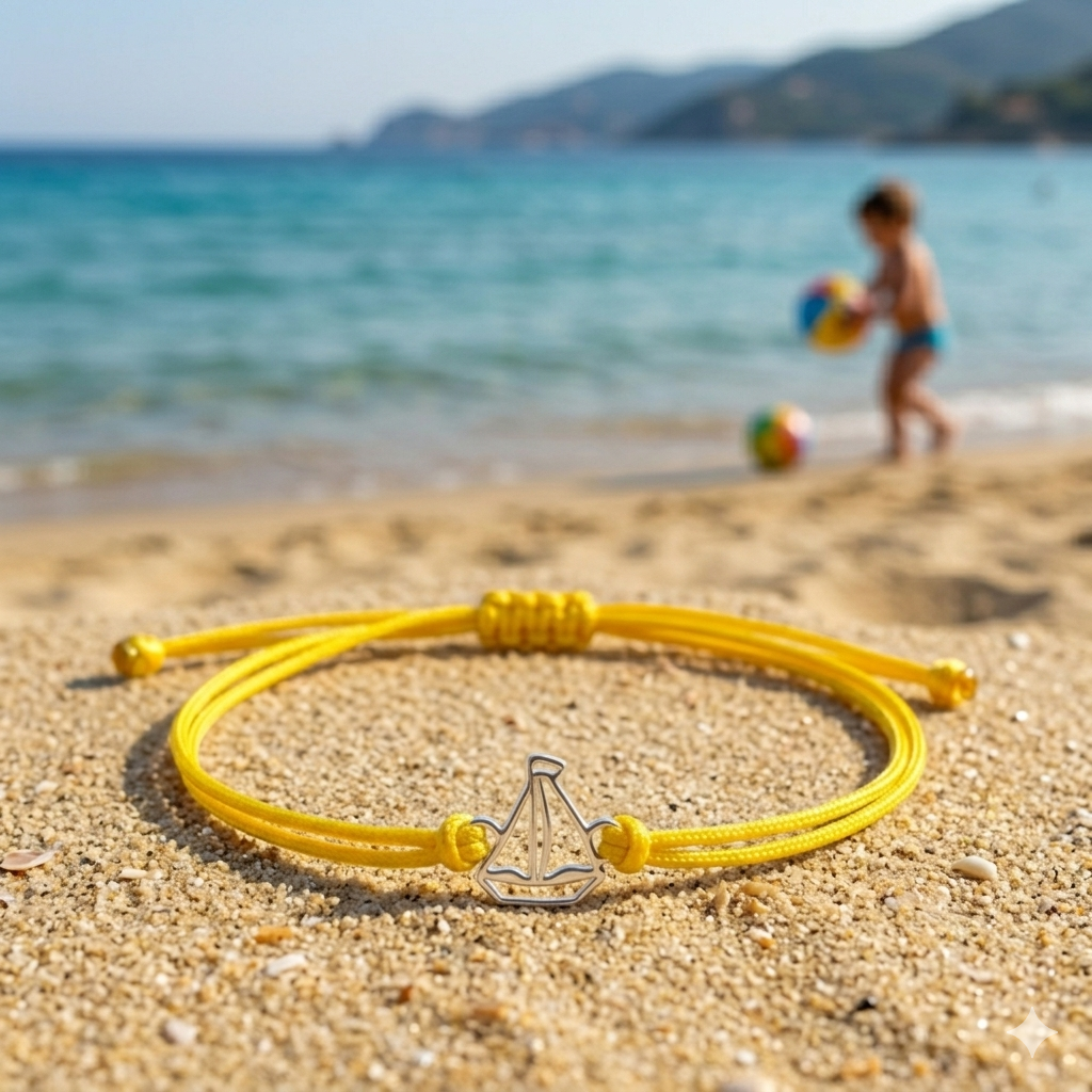 Bracciale barca a vela con cordino giallo ambientato al mare
