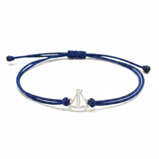 Bracciale barca a vela in argento 925 con cordino nautico blu regolabile