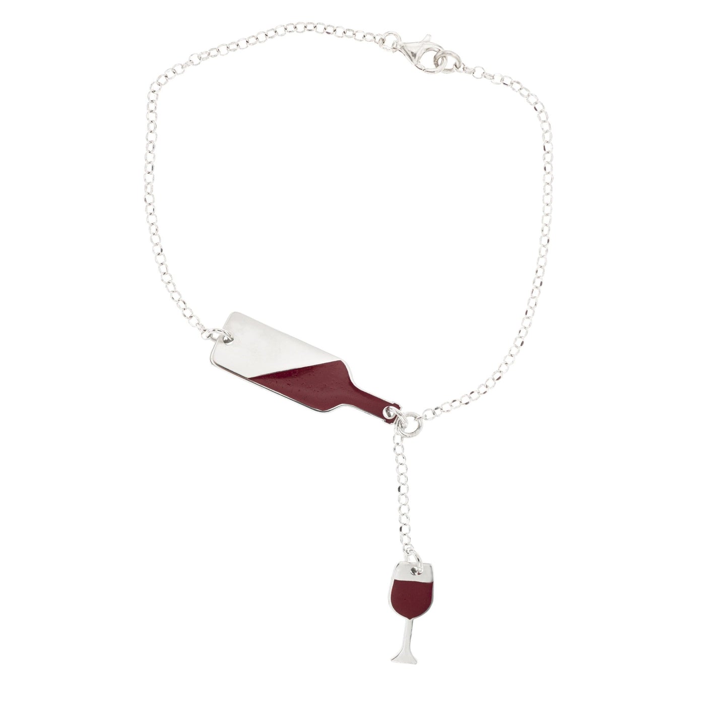  bracciale in argento con un design unico: una bottiglia di vino stilizzata smaltata di rosso, a cui è collegato un piccolo calice pendente. La bottiglia, smaltata obliqua, ricorda il vino mentre si versa, il calice completa il tema con eleganza. La catenina è a maglie rolò, con chiusura a moschettone regolabile, ideale per un look raffinato e originale. Perfetto per gli amanti del vino, questo gioiello aggiunge un tocco di stile e passione al polso. foto in bianco