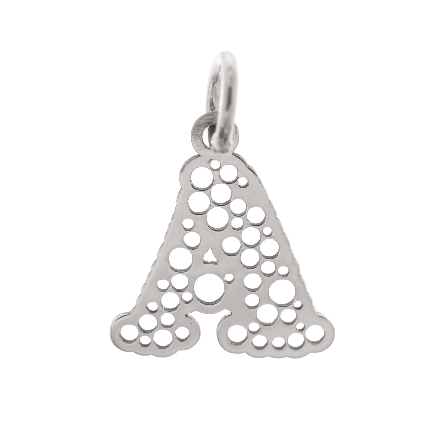 Ciondolo in argento 925 a forma di lettera personalizzabile. Design traforato moderno e luminoso, prezzo 18 €.