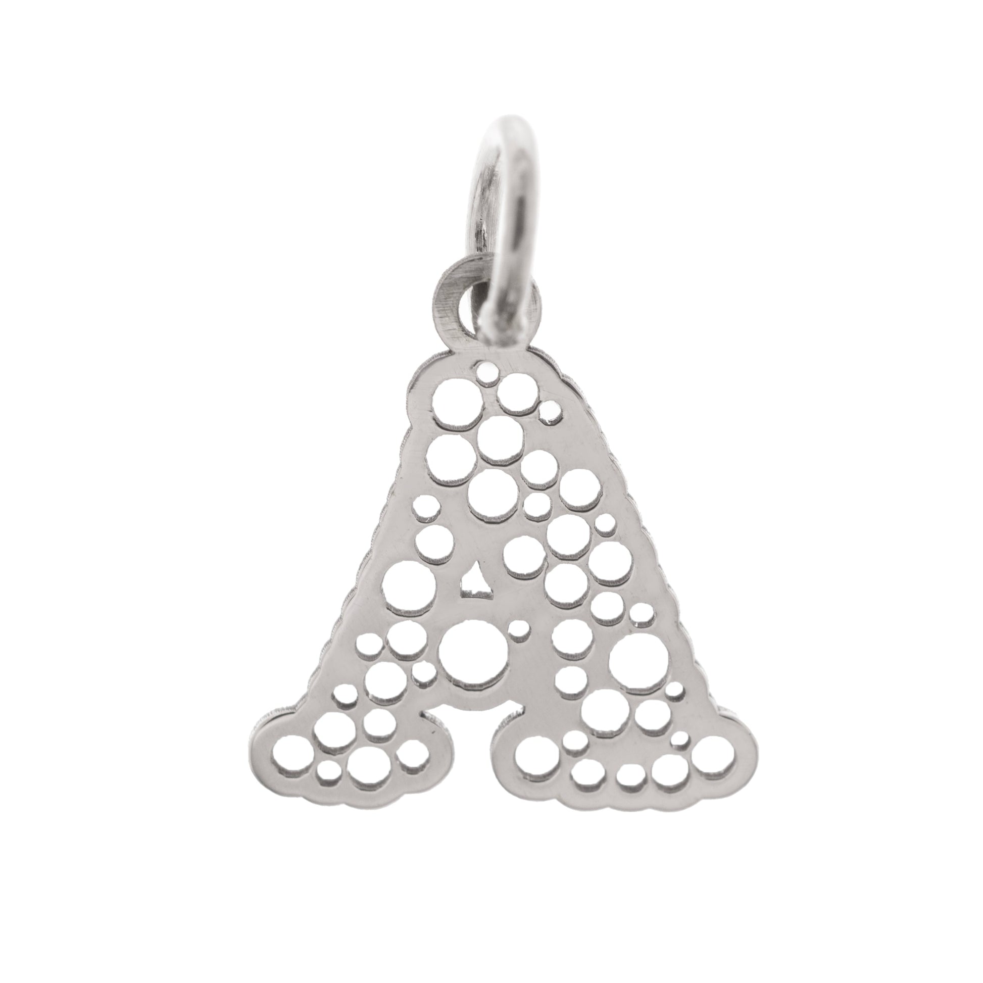 Ciondolo in argento 925 a forma di lettera personalizzabile. Design traforato moderno e luminoso, prezzo 18 €.