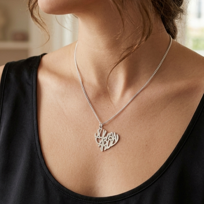 Collana con cuore personalizzato in argento indossata da donna
