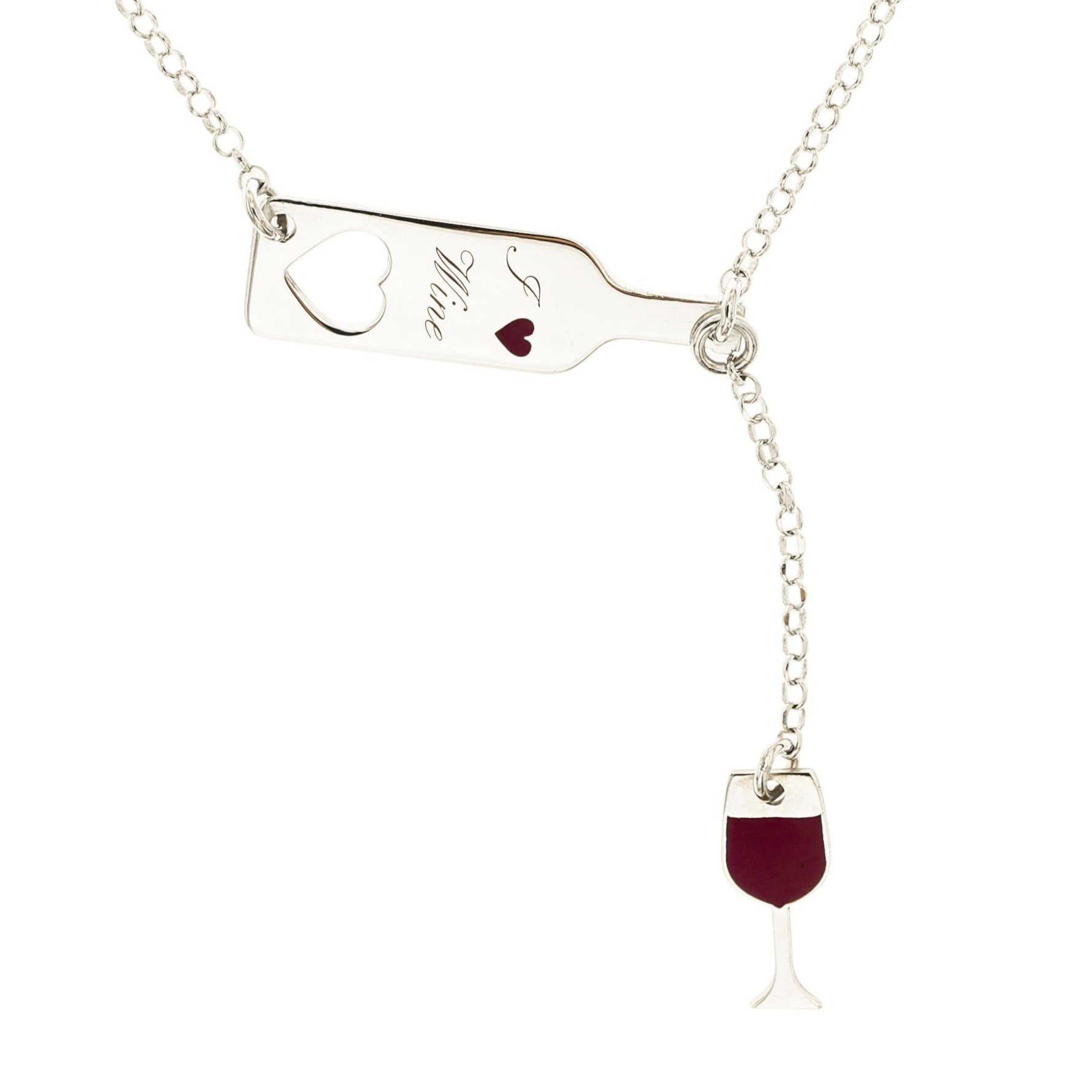 Dettaglio scritta I Love Wine su collana bottiglia vino