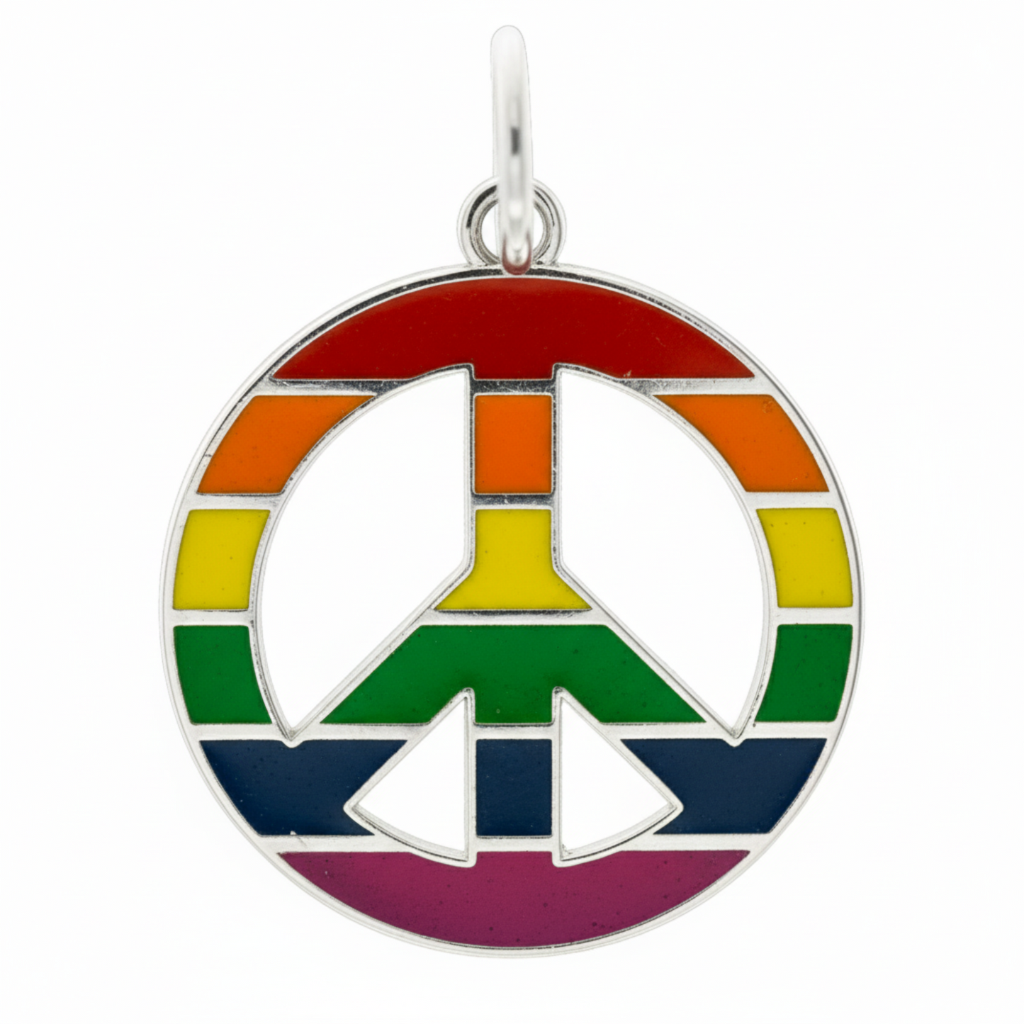 Medaglia in argento 925, 20x25 mm, con simbolo della pace smaltato nei colori dell’arcobaleno. Linea LGBT. Un gioiello artigianale che celebra inclusione e libertà.