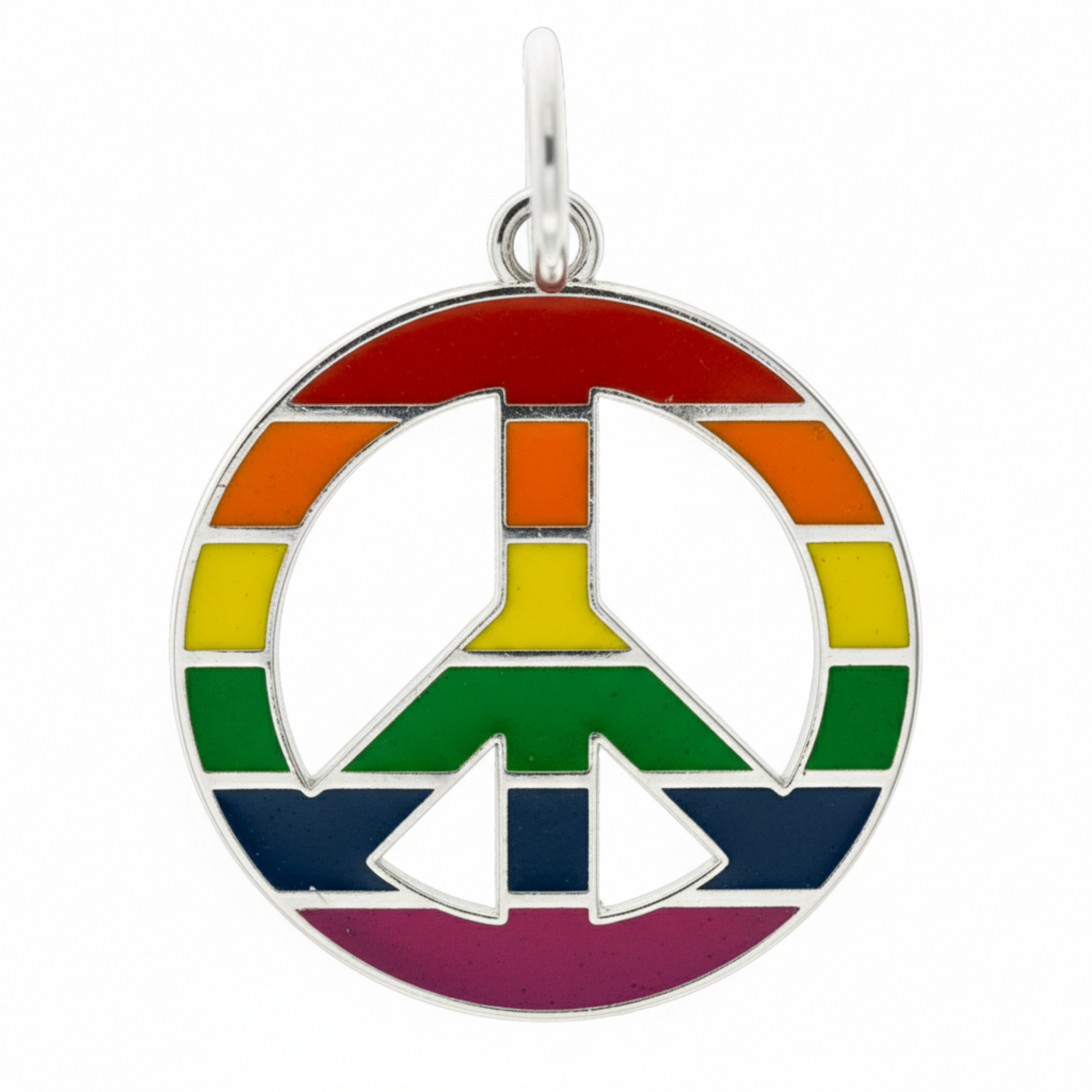 Medaglia in argento 925, 20x25 mm, con simbolo della pace smaltato nei colori dell’arcobaleno. Linea LGBT. Un gioiello artigianale che celebra inclusione e libertà.