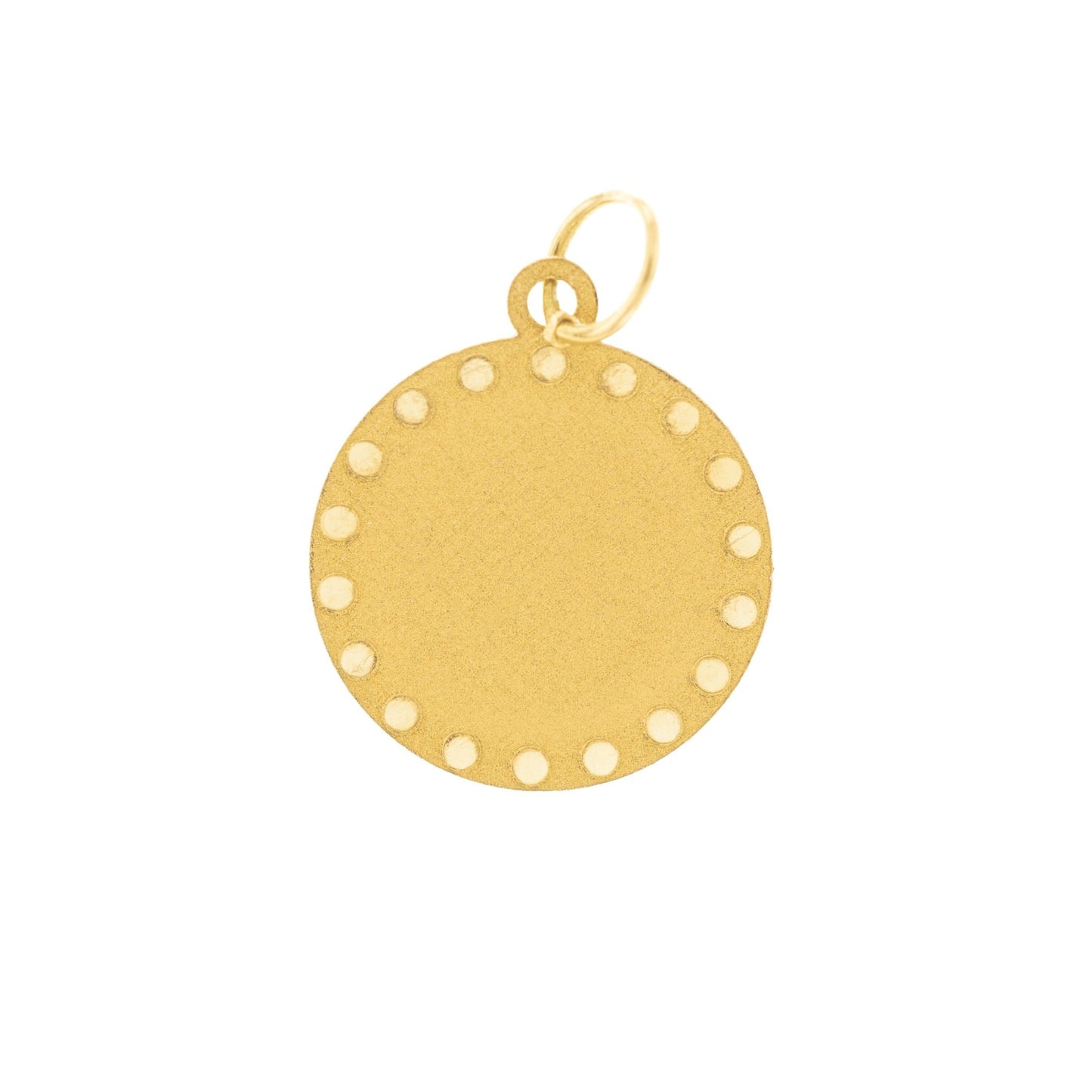 Medaglia tonda da 15 mm in oro 750 vista frontale con bordo a punti

Descrizione umanizzata: La stessa medaglia nella versione in oro 750, fotografata frontalmente per rendere chiari materiale, forma e proporzioni.