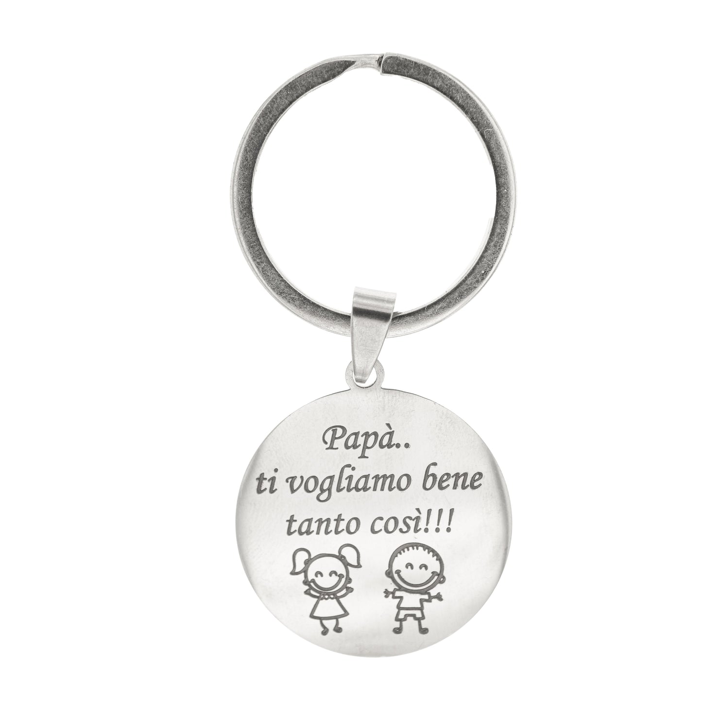 Un portachiavi rotondo, dal diametro di 30 mm, realizzato in acciaio resistente e piacevolmente liscio al tatto. Sulla sua superficie è incisa a laser un’immagine speciale, dedicata alla Festa del Papà. L’incisione è nitida e percettibile sotto le dita, creando un effetto leggermente ruvido che contrasta con la lucentezza del metallo. Solido ma leggero, è perfetto per accompagnare ogni giorno il papà che lo riceverà in dono. Personalizzabile con un nome o una frase speciale.