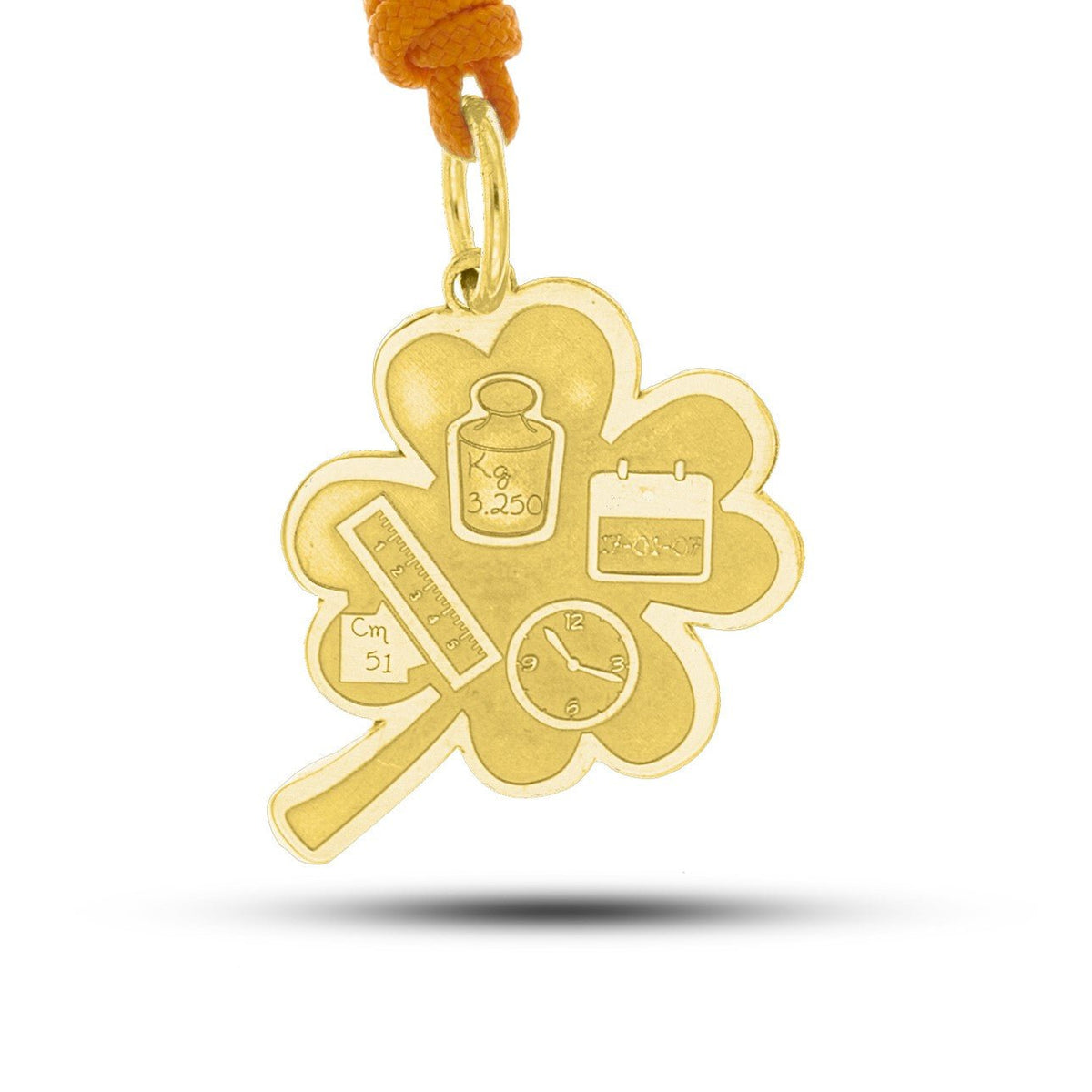 Pendente Quadrifoglio Nascita personalizzato in oro con simboli incisi dei dati del bambino