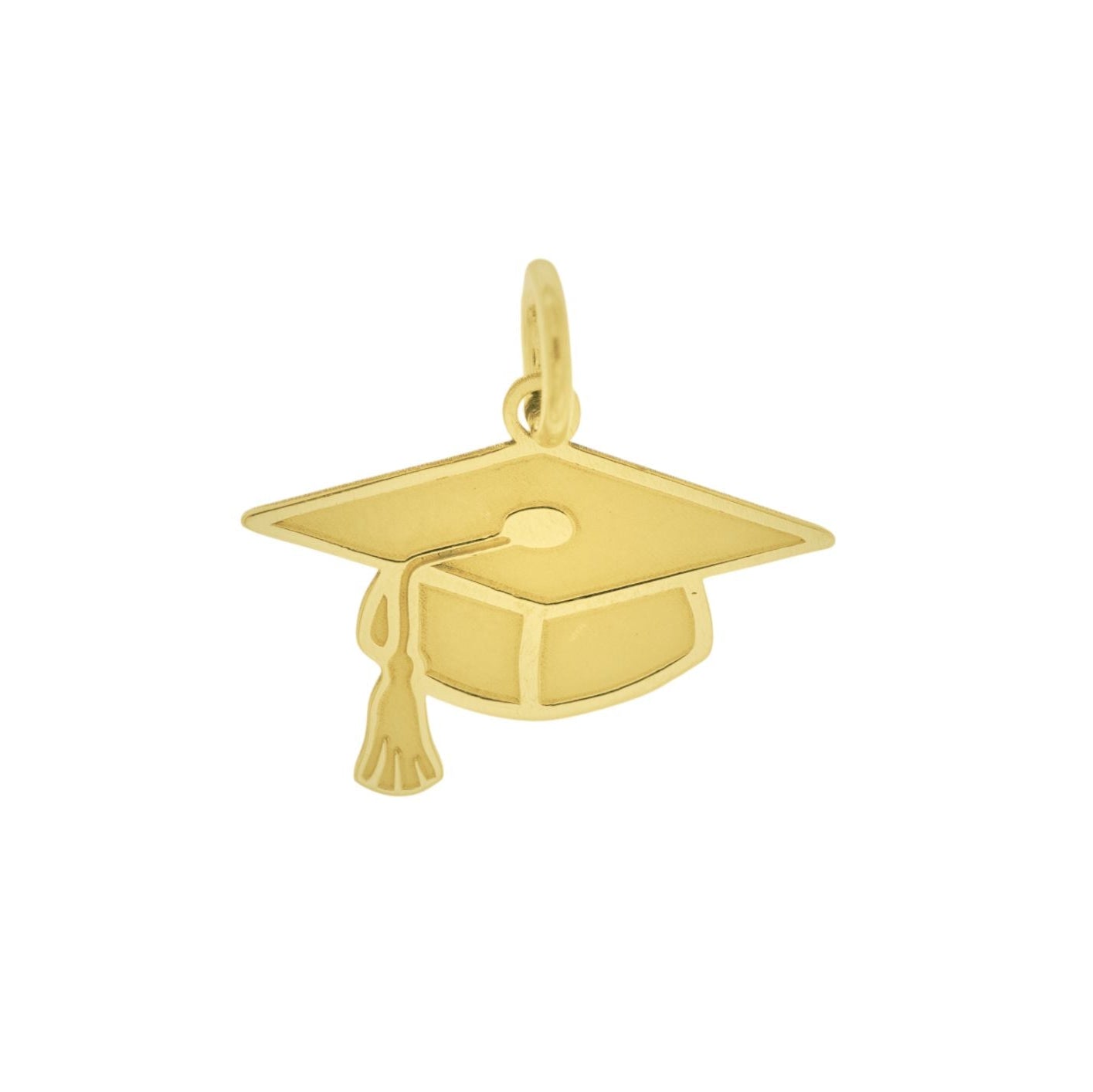 Pendente a forma di cappello di laurea in rilievo, realizzato a mano e alto 14 mm. Disponibile in oro giallo, oro bianco o argento 925. Ha una finitura satinata sul fronte e un retro lucido, ideale per incisioni personalizzate. Un gioiello simbolico che celebra un importante traguardo con eleganza e significato.