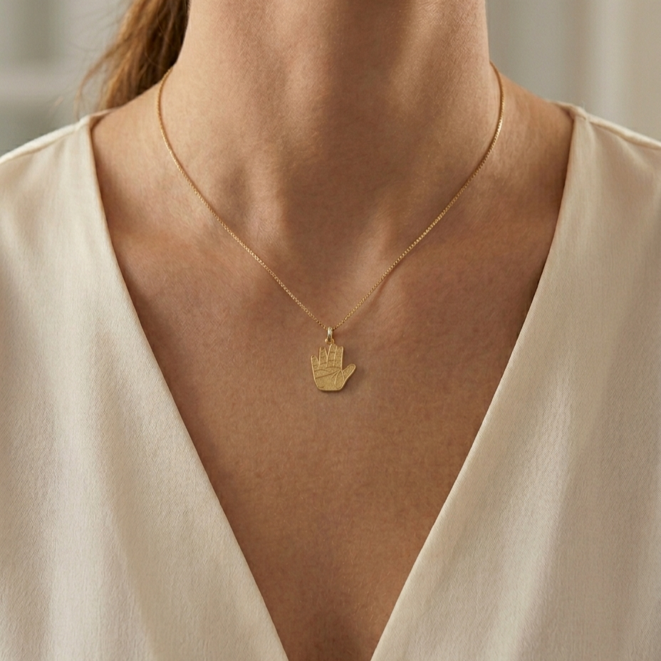 Collana con ciondolo mano bambino personalizzato indossata su donna
